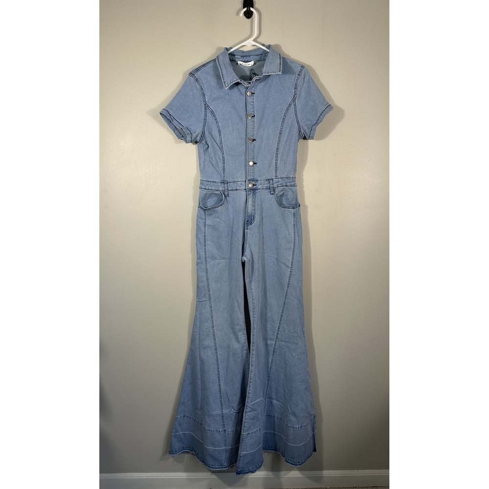 Wisteria Lane Denim Jumpsuit‎ Womens Large Blue Flare Bell Bottom Boho Western